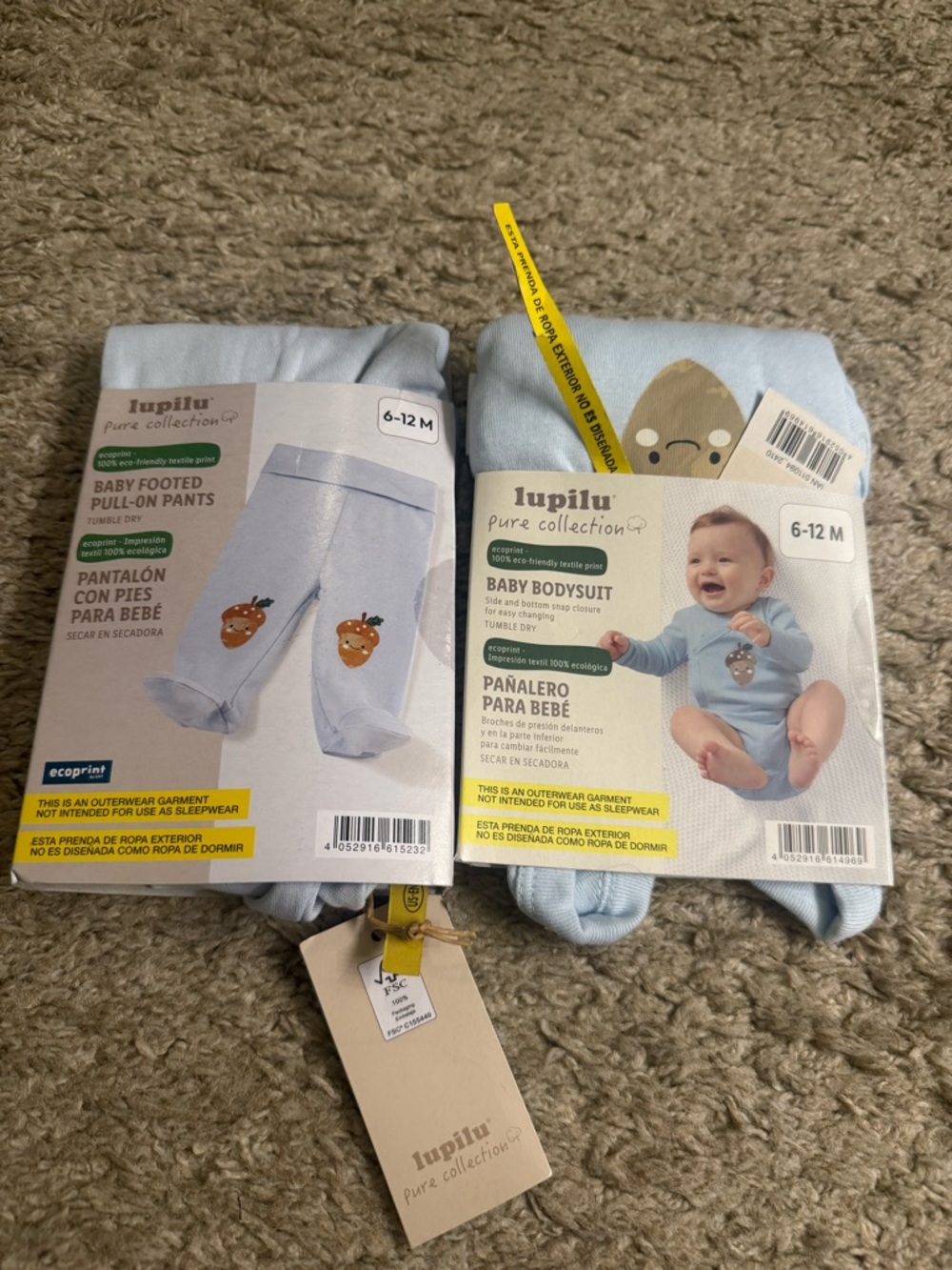Baby Blue Acorn Woodland Unisex Footed Pants & Bodysuit Onesie Set - size 6-12M